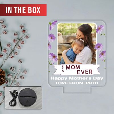 Personalized Mother’s Day LED Night Light Photo Frame | Best Mom Ever Quote Engraved Lamp Unique Birthday or Mothers Day Gift for Mom from Daughter or Son | Warm White Light